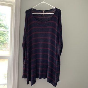 Free People Women Oversized Striped Tunic Sweater Side Slits Blue Maroon Medium